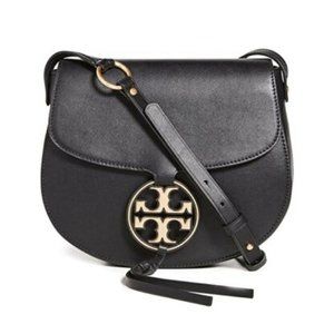 NWT Tory Burch Metal Miller Saddle Small Leather Crossbody BLACK AUTHENTIC